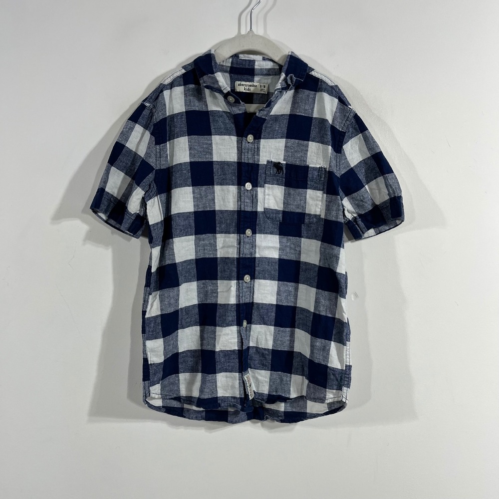 Abercrombie Kids Boys Navy White Buffalo Check Linen Preppy Button Up Shirt 9/10